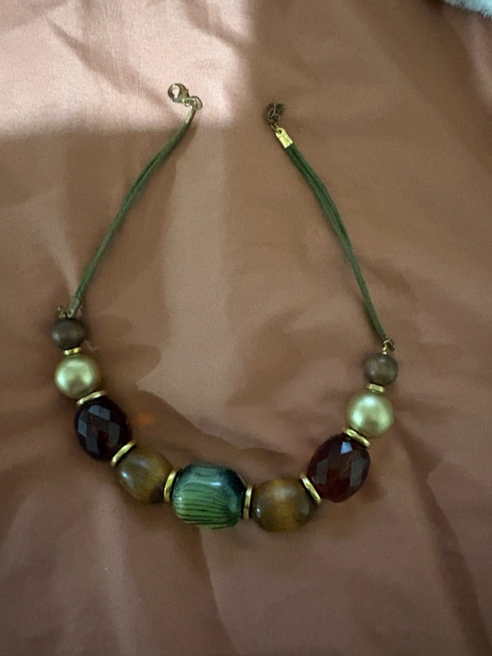 Avon Green, Brown and Red Bead Necklace